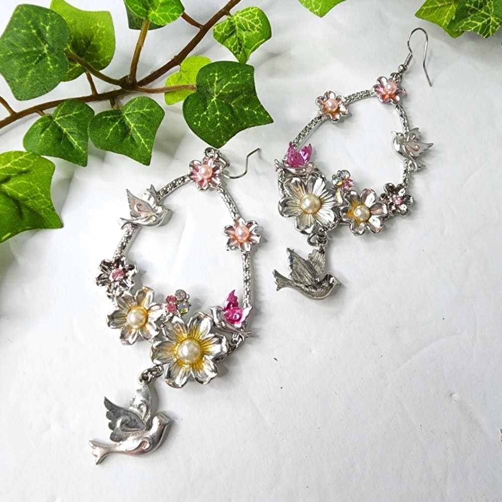 Statement Silver Drop Hoop Earrings with Flowers Doves Faux Pearls